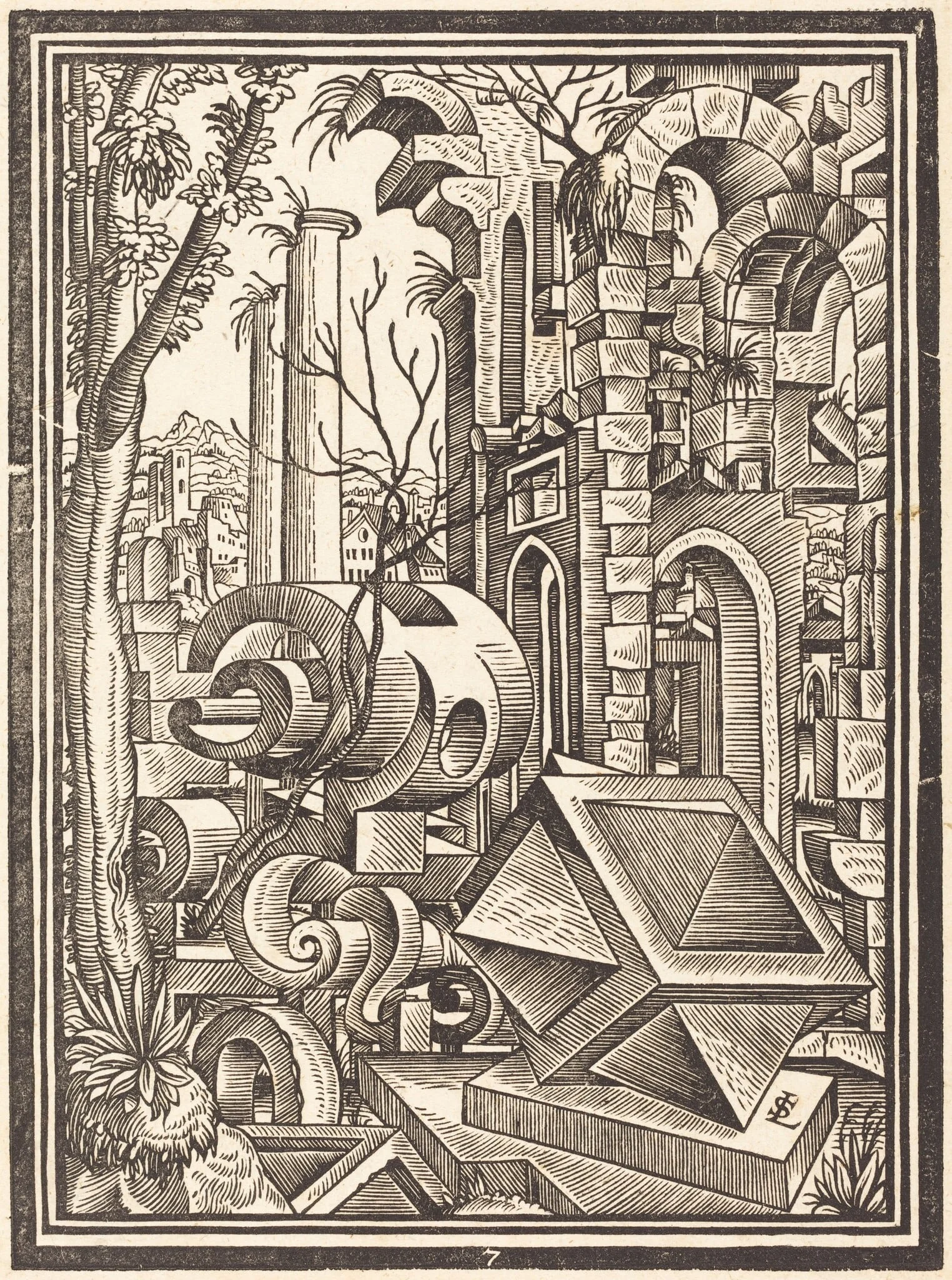 Fantasy of Perspectival Forms Set among Ruins, detail