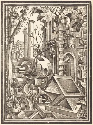 Fantasy of Perspectival Forms Set among Ruins, by Lorenz Stör, ink, 1567