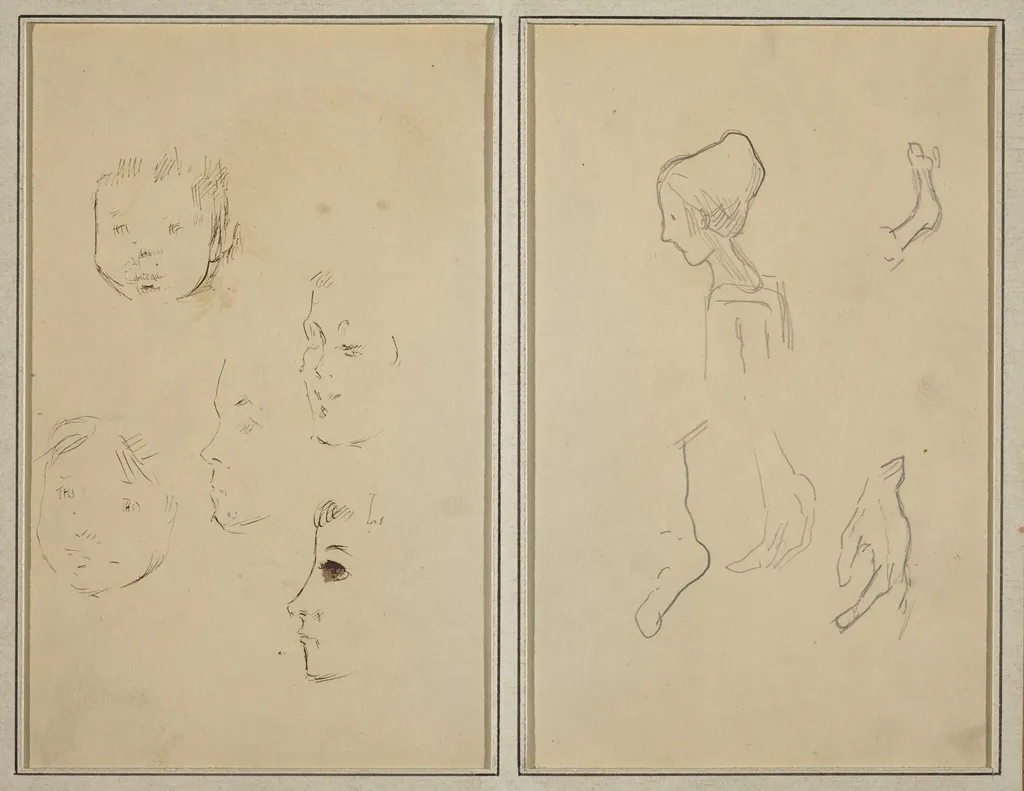 Five Studies of Heads; A Boy in Profile with Studies of Hands and Feet [verso], by Paul Gauguin, ink, 1886