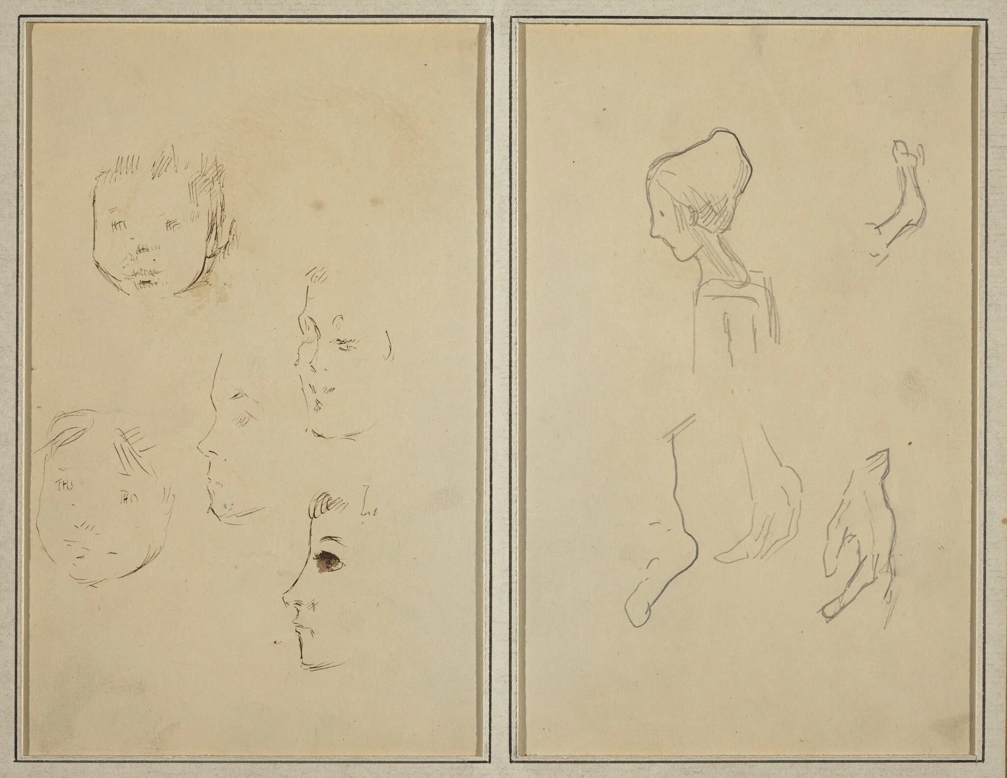 Five Studies of Heads; A Boy in Profile with Studies of Hands and Feet [verso], detail