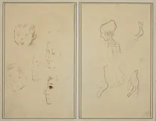 Five Studies of Heads; A Boy in Profile with Studies of Hands and Feet [verso], by Paul Gauguin, ink, 1886