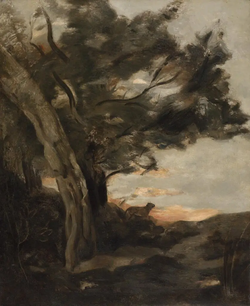 Night Landscape with a Lioness, by Jean Baptiste Camille Corot, oil, 1865
