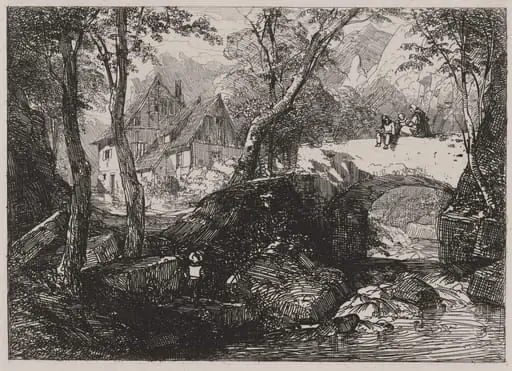 Stone Bridge over A Mountain Brook, by Caspar Johann Nepomuk Scheuren, ink, 1842