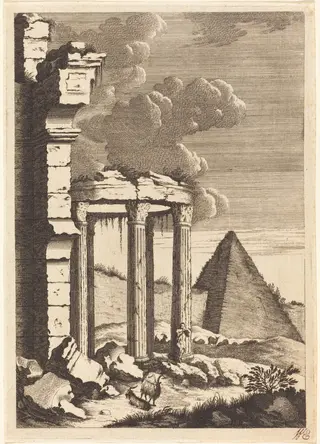 Goats before Ruins and a Pyramid, by Bernhard Zaech, ink, 1650