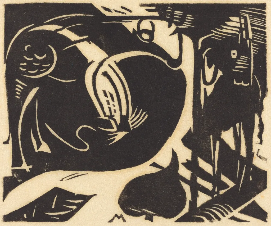 Two Mythical Animals (Zwei Fabeltiere), by Franz Marc, ink, 1914