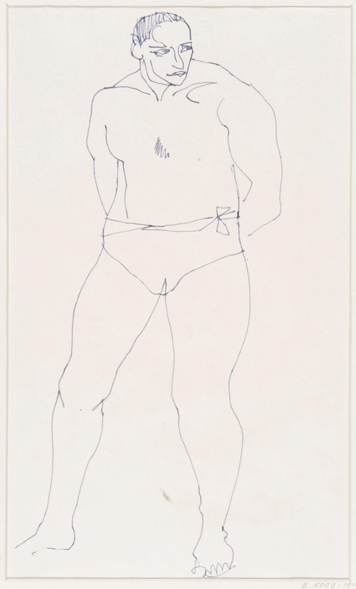 A man standing, with hands behind him, detail