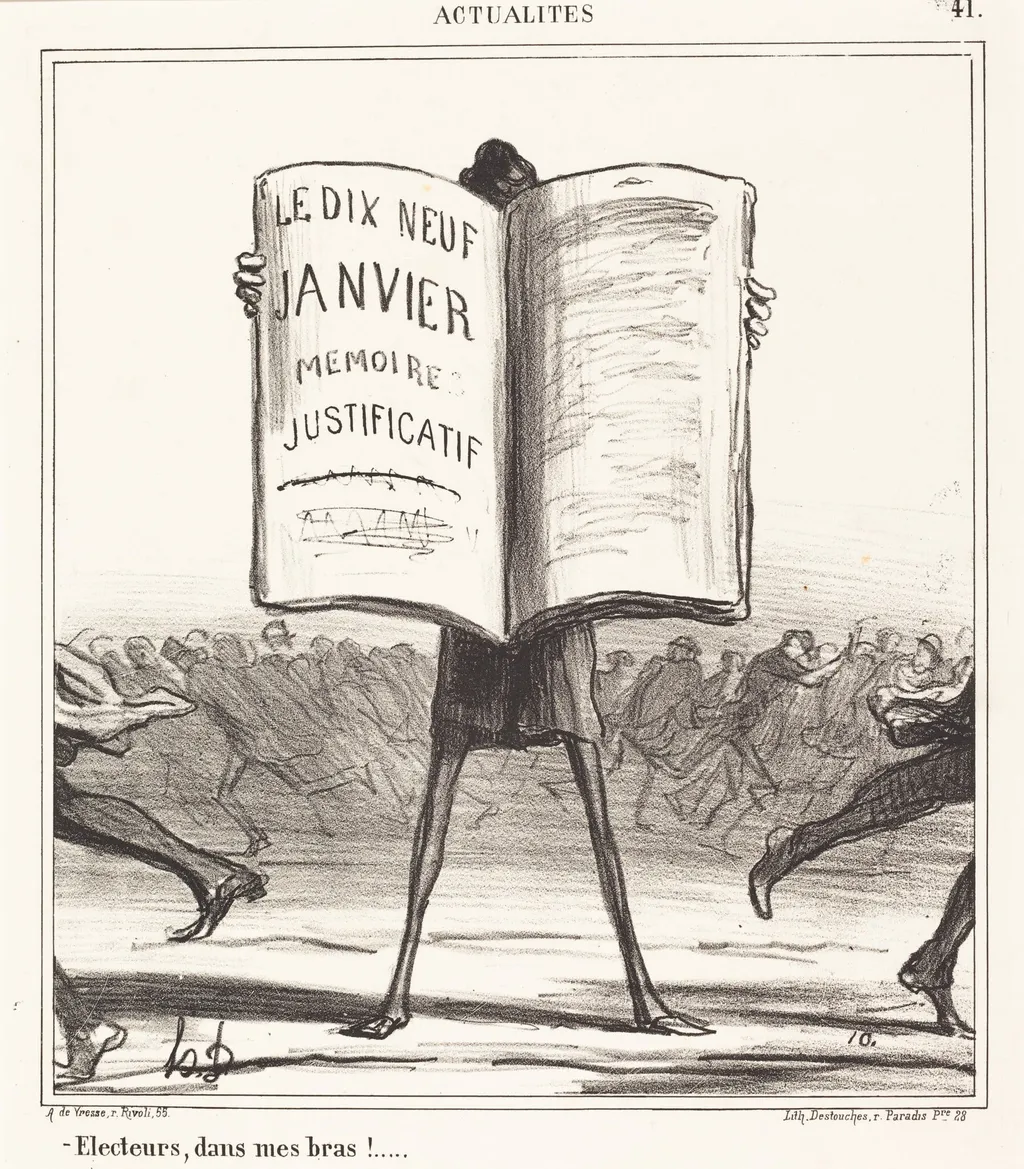Électeurs, dans mes bras!..., by Honoré Daumier, ink, 1869