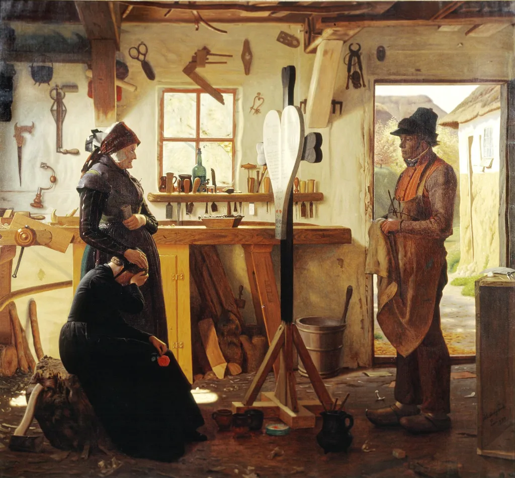 To kvinder besøger landsbykunstneren for at se det bestilte gravkors, by Christen Dalsgaard, oil, 1873