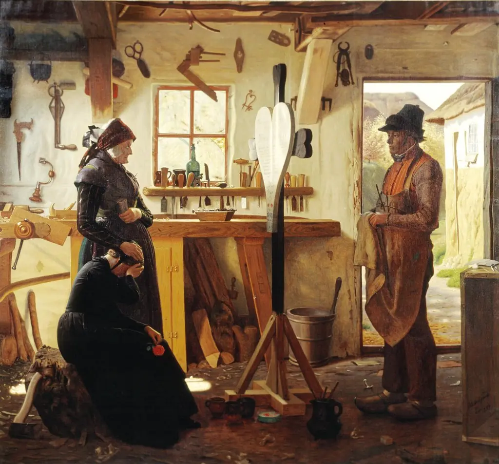 To kvinder besøger landsbykunstneren for at se det bestilte gravkors, by Christen Dalsgaard, oil, 1873