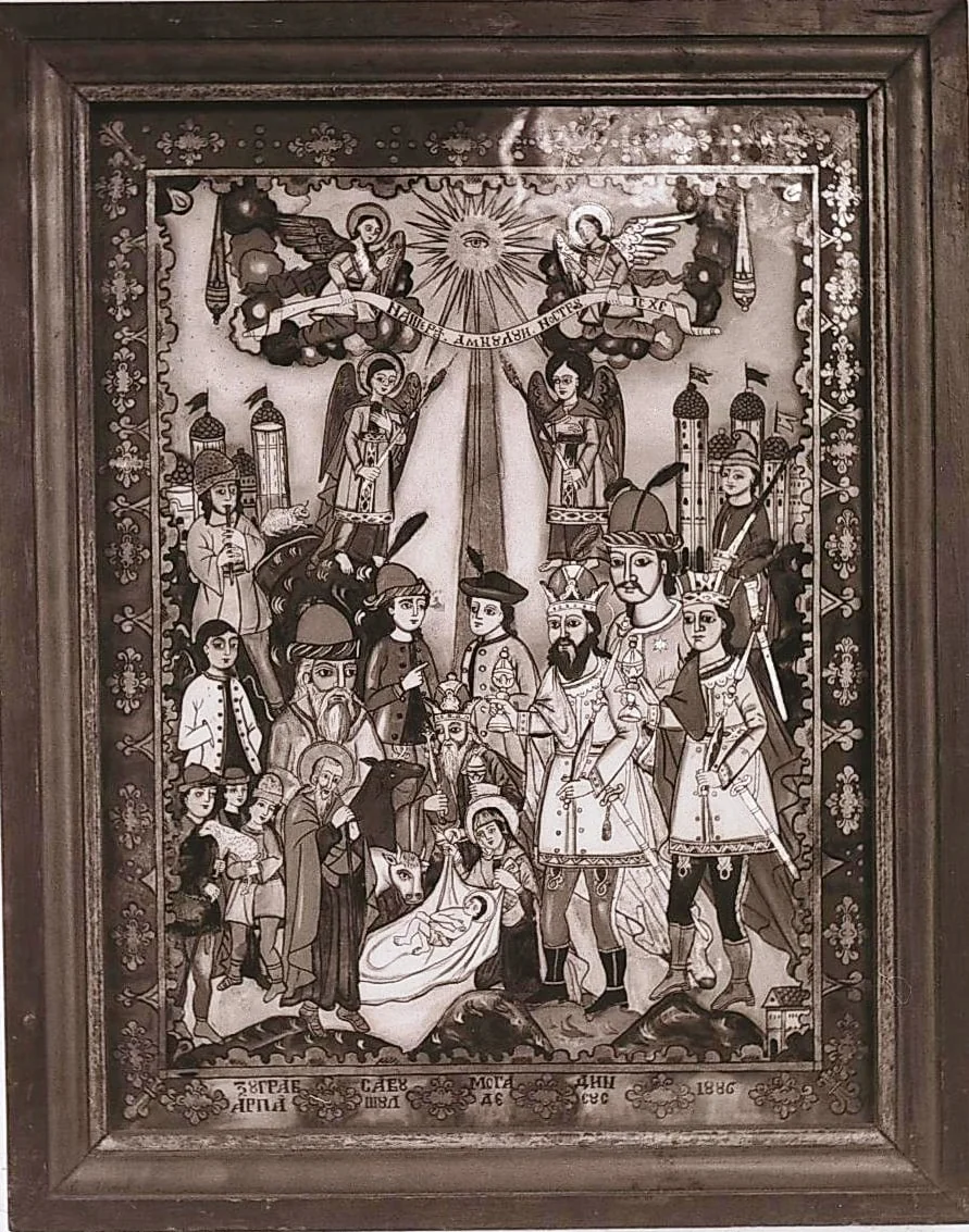 Secvențe din Muzeul Satului, icoană pe sticlă de Savu Moga: Nașterea Domnului - 1886 (1988), detail
