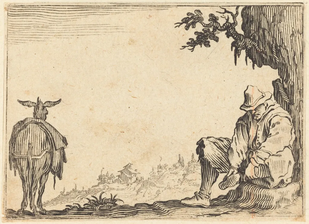 Peasant Removing His Shoe, by Jacques Callot, ink, 1622