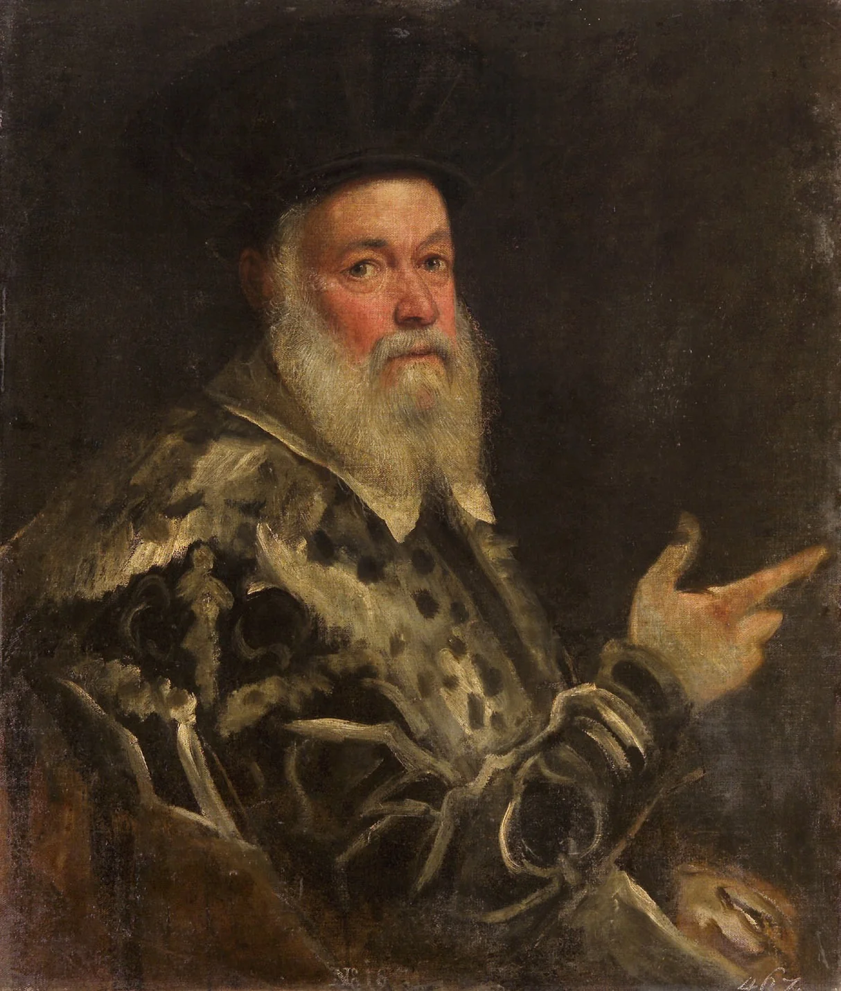 Bildnis eines sitzenden Mannes mit hohem Barett, detail