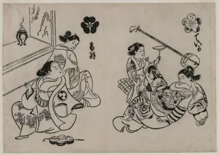 Three Courtesans with a Client, by Okumura Masanobu, 1710