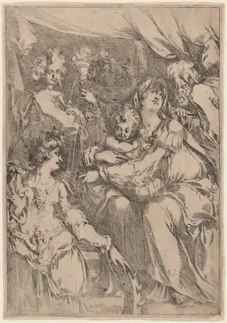 The Holy Family with Saint Catherine, Saint John the Evangelist, and an Angel, by Jacques Bellange, ink, 1614