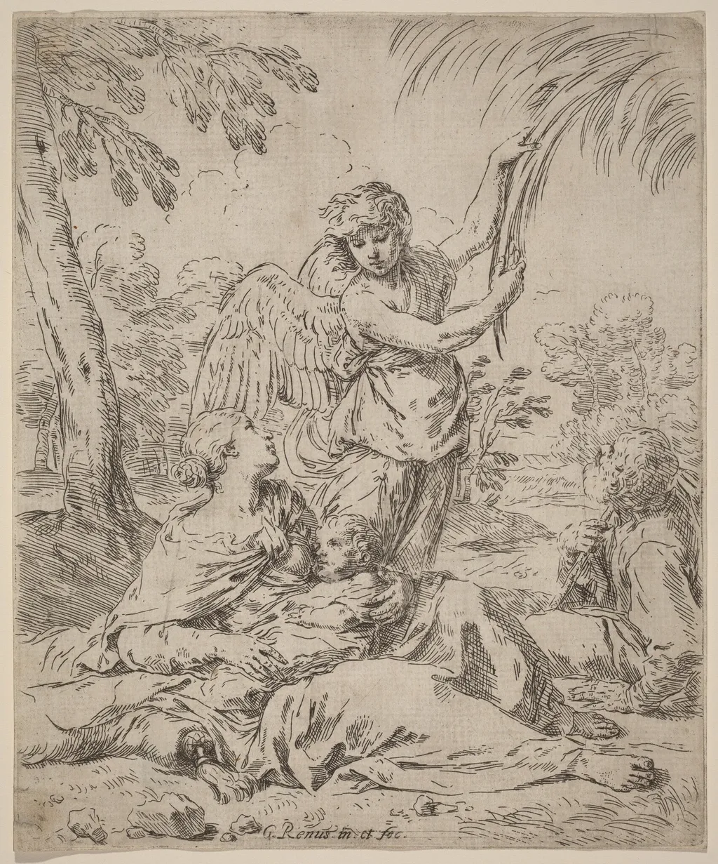 The Rest on the Flight into Egypt, by Simone Cantarini, ink, 1630