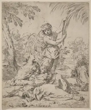 The Rest on the Flight into Egypt, by Simone Cantarini, ink, 1630