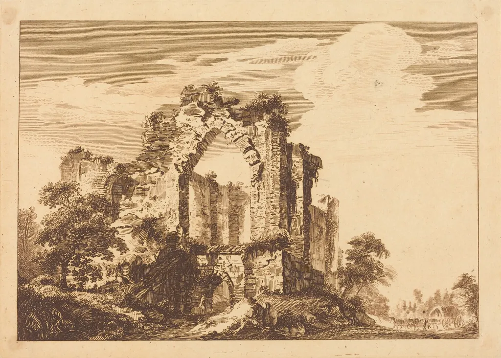 Ruins with a Seated Man, and a Covered Wagon in the Distance, by Paul Sandby, ink, 1758