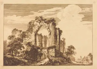 Ruins with a Seated Man, and a Covered Wagon in the Distance, by Paul Sandby, ink, 1758