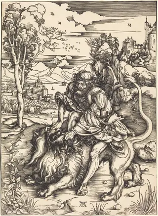 Samson Fighting with the Lion, by Albrecht Dürer, ink, 1498