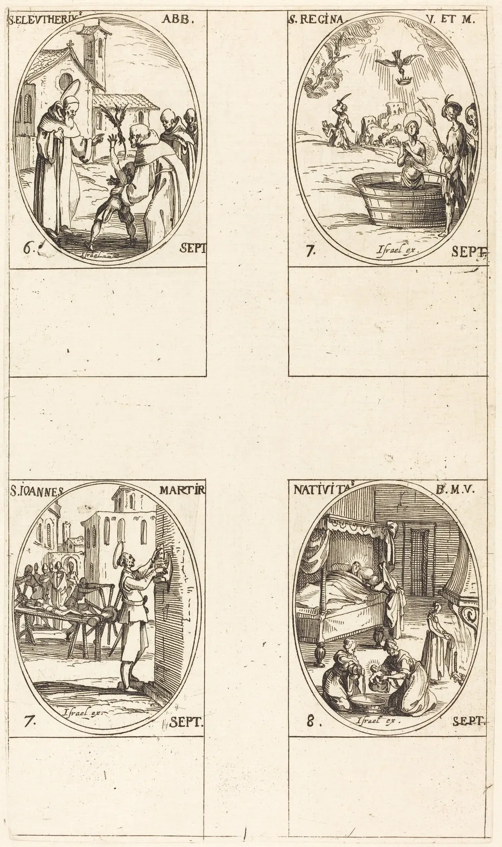 St. Eleutherius, Abbot; St. Regina; St. John; The Nativity of the Virgin, by Jacques Callot, ink, 1634
