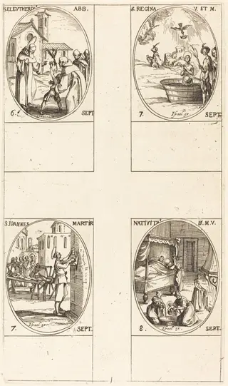 St. Eleutherius, Abbot; St. Regina; St. John; The Nativity of the Virgin, by Jacques Callot, ink, 1634