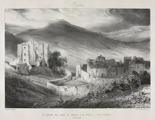 Voyages pittoresques et romantiques dans l'ancienne France, Auvergne:  Ruines du château et du village de Saint Nectaire, by Eugène Isabey, 1831