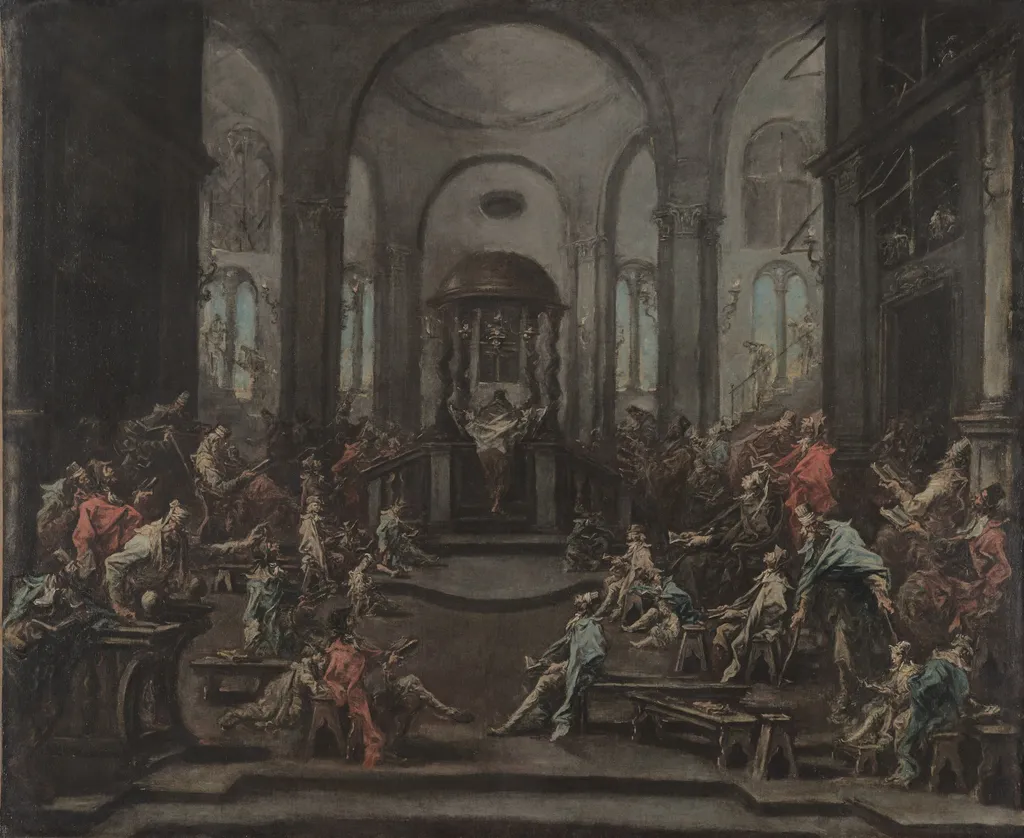 Interior of a Synagogue, by Alessandro Magnasco, oil, 1725