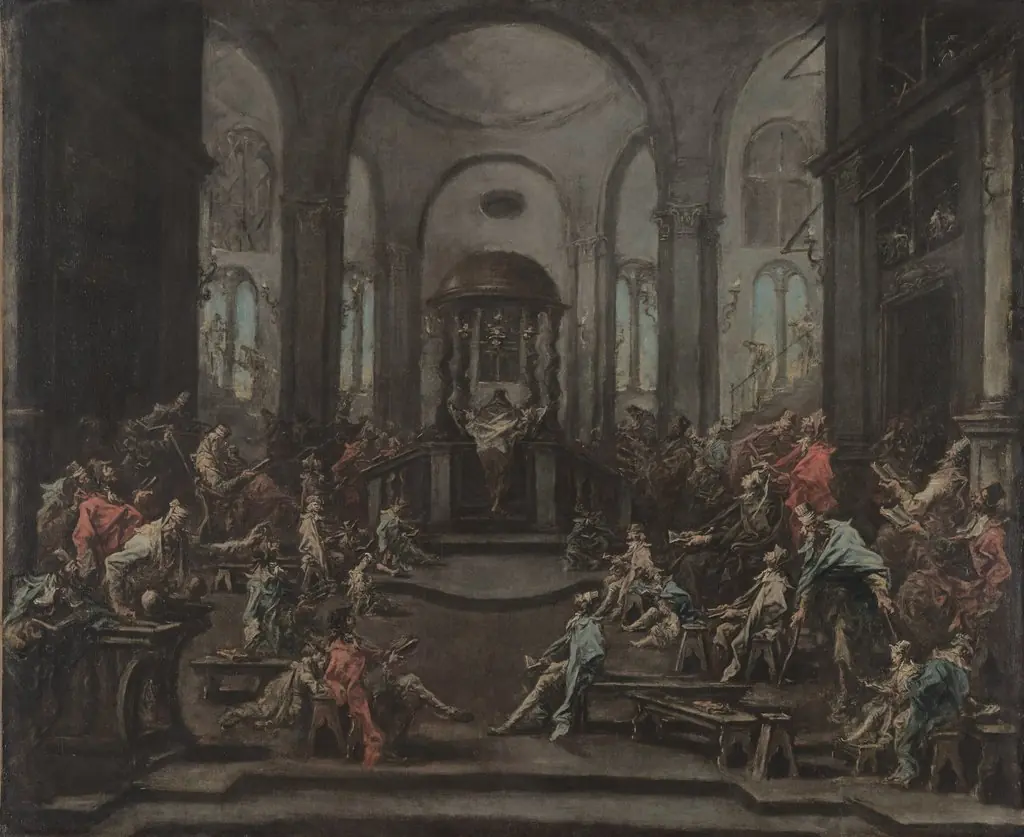 Interior of a Synagogue, by Alessandro Magnasco, oil, 1725