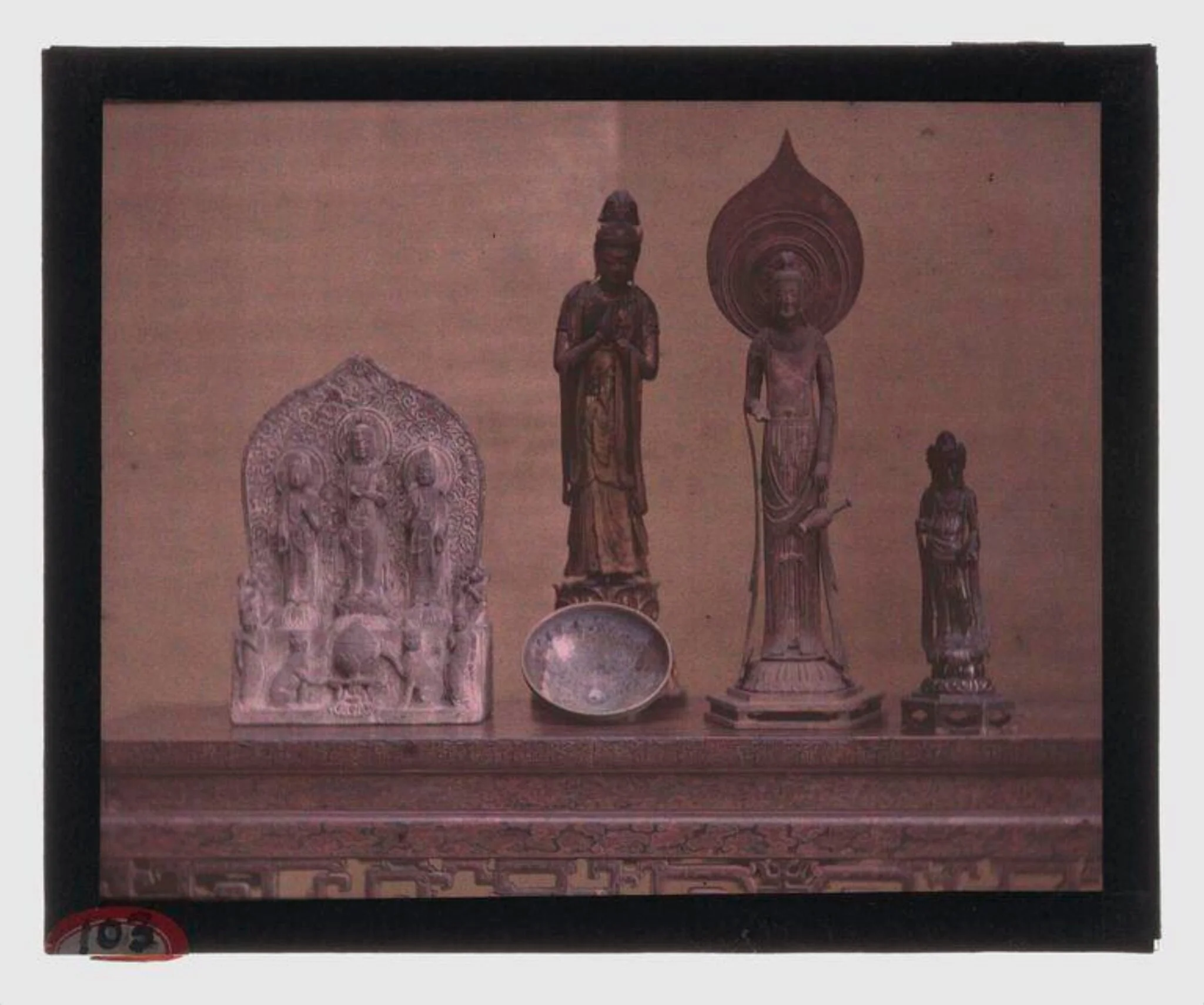'Stele with Buddhist triad', China, 581-618 or later, 'Bodhisattva', Japan, 'Bowl', (origins unknown), 'Figure of Avalokiteshvara', Japanese, after statue in Horyuji Temple, early 20th century, 'Bodhisattva Avalokiteshvara (Kannon)', Japan, late 8th century, from the Charles Lang Freer Collection, detail