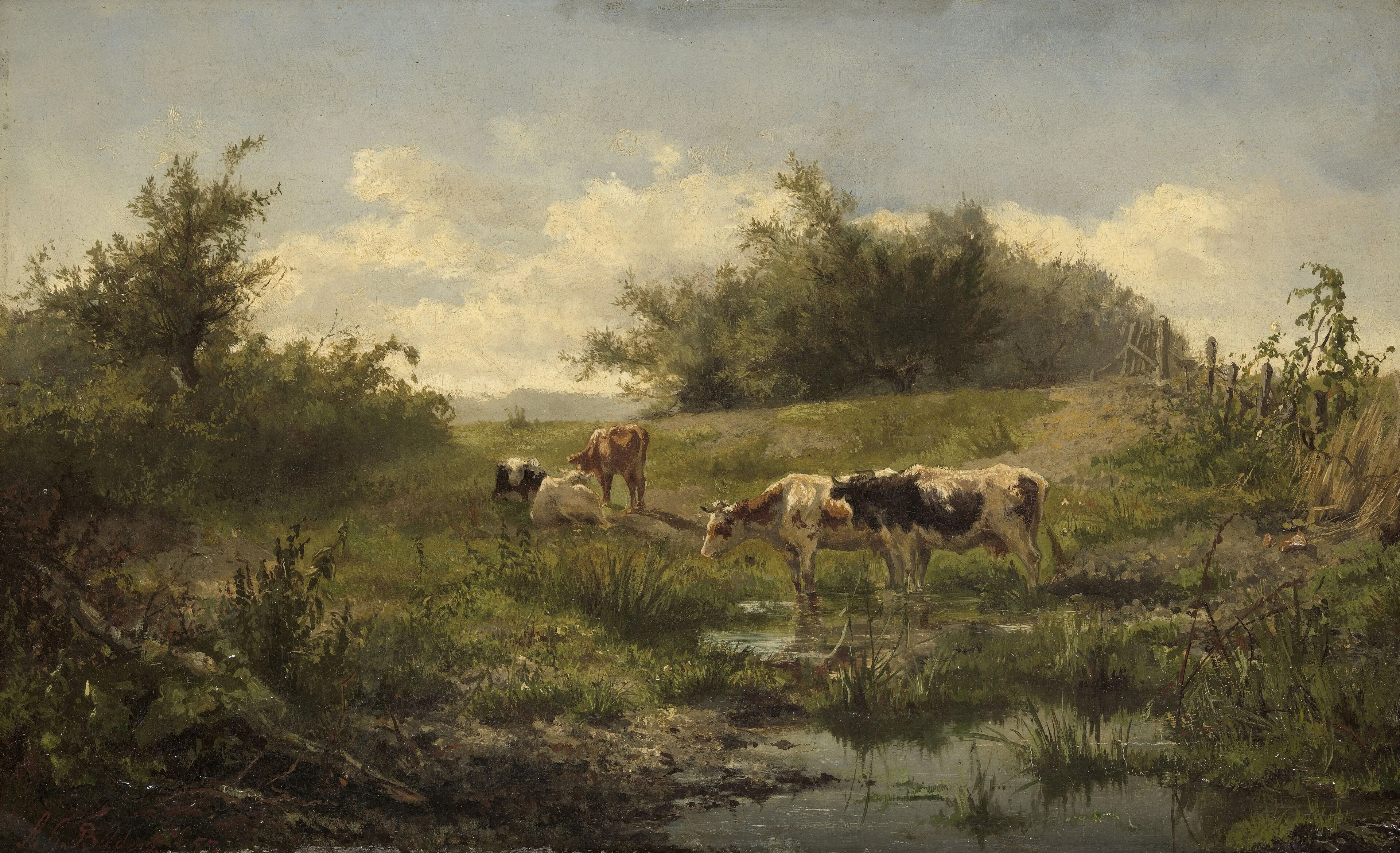 Cows at water's edge, detail