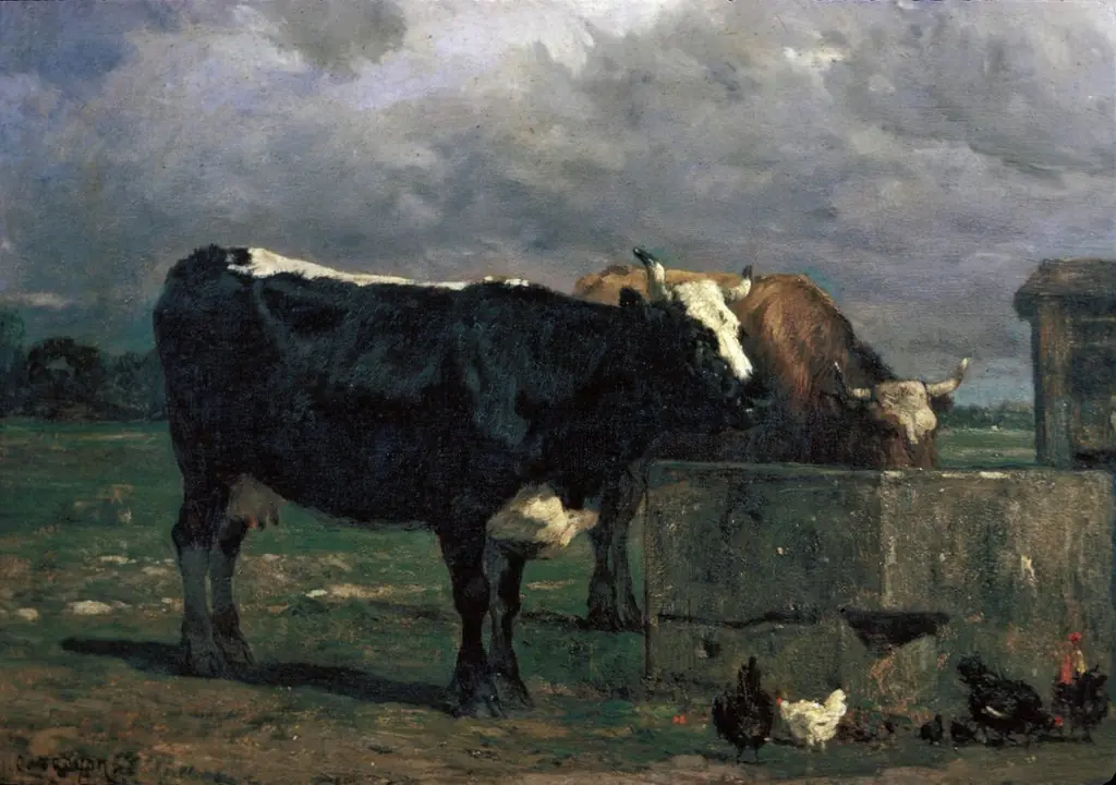 Cattle at the Trough, by Constant Troyon, oil, 1847