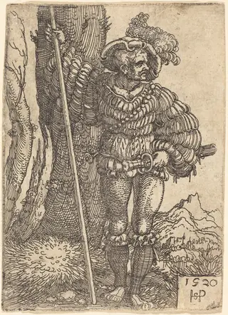 Foot Soldier Standing by a Tree, by Sebald Beham, ink, 1520