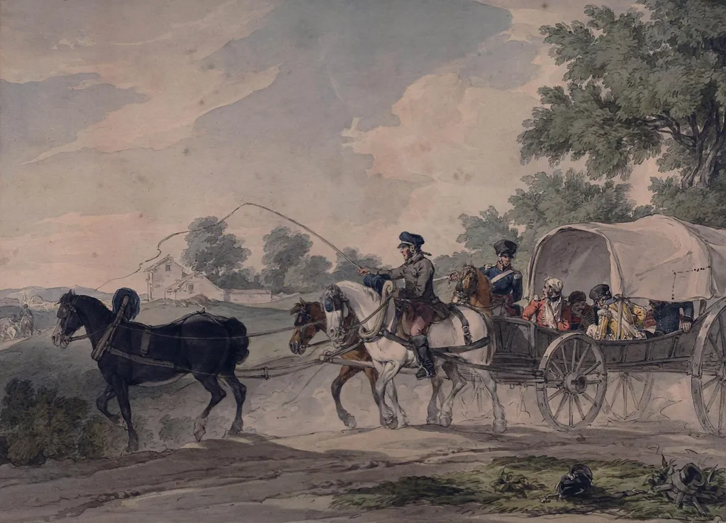 A Belgian Waggon Conveying Wounded from the Field after the Battle of Waterloo, by John Augustus Atkinson, watercolor, 1815