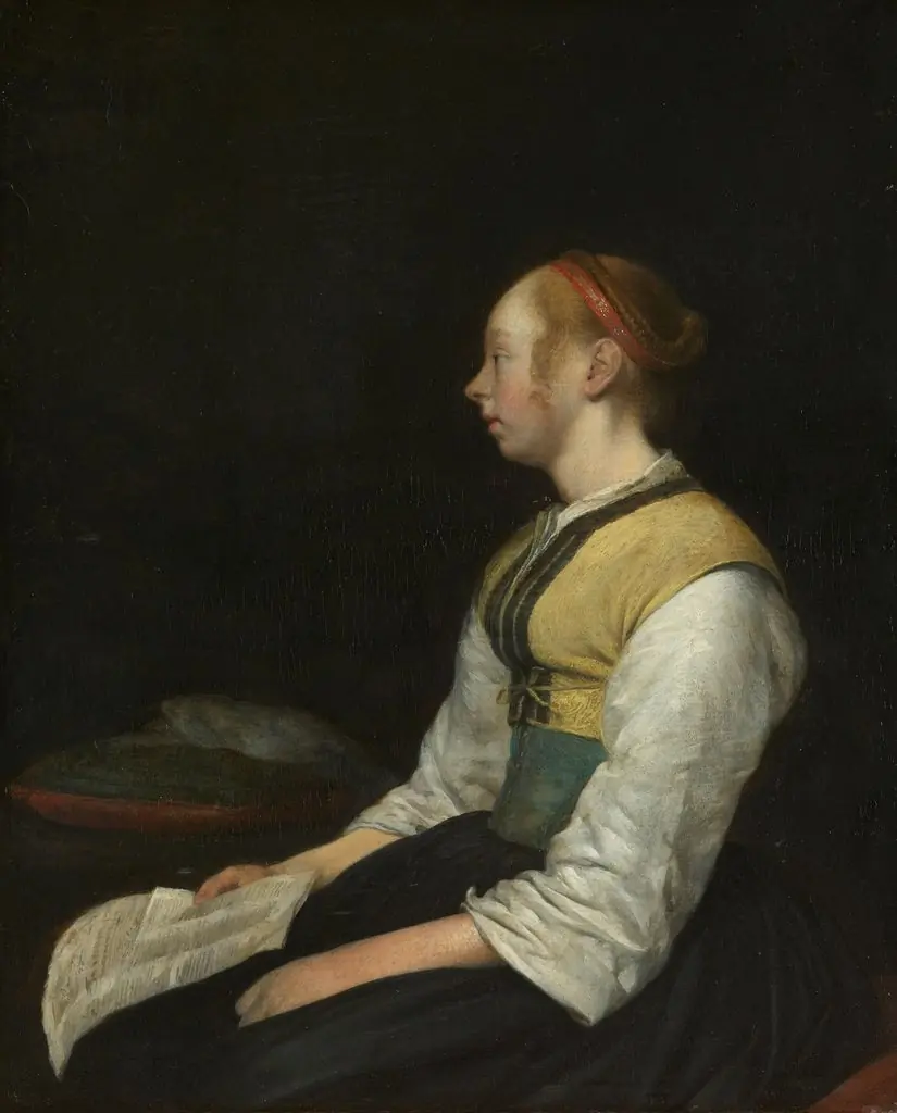 Seated Girl in Peasant Costume, by Gerard ter Borch, oil, 1650