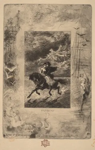 Ryno et Hermangarde (Ryno and Hermangarde), by Félix-Hilaire Buhot, ink, 1847