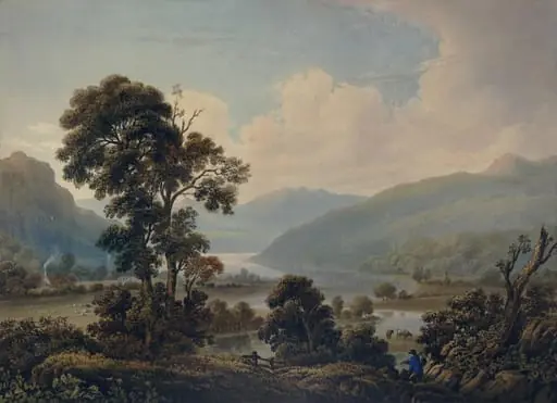 Landscape wih River and Mountains, by Edward James Pasquier, watercolor, 1832