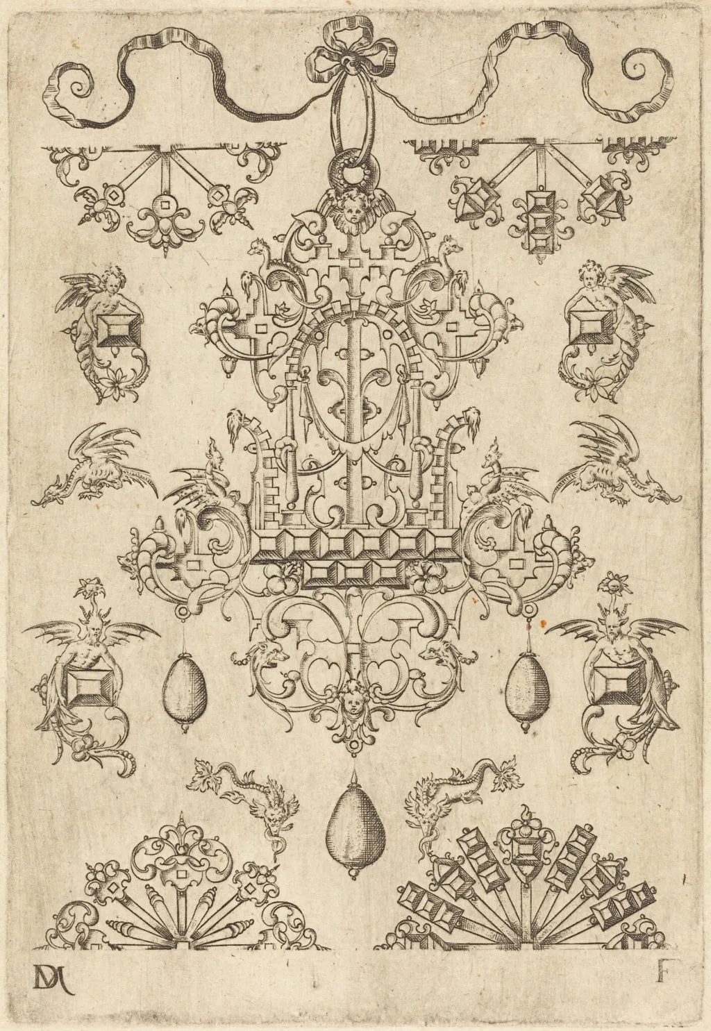 Large Pendant Surrounded by Ten Different Studs, by Daniel Mignot, ink, 1584