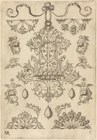 Large Pendant Surrounded by Ten Different Studs, by Daniel Mignot, ink, 1584