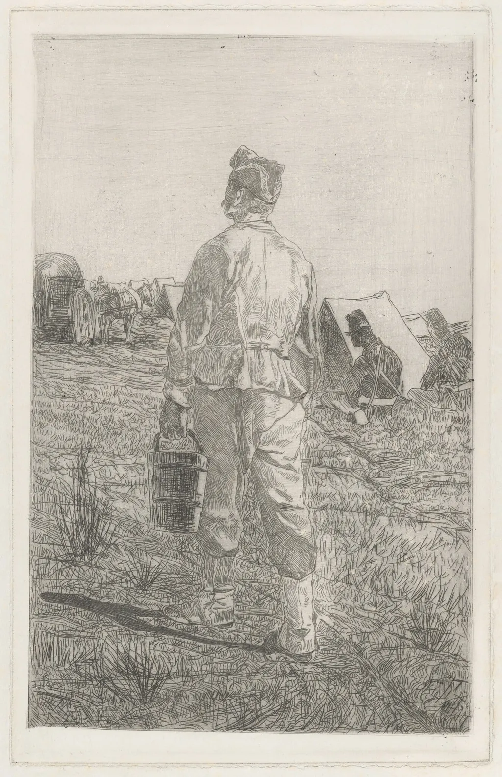 Soldier with a Pail, Seen from Behind (Soldato di spalle con secchio), by Giovanni Fattori, ink, 1875