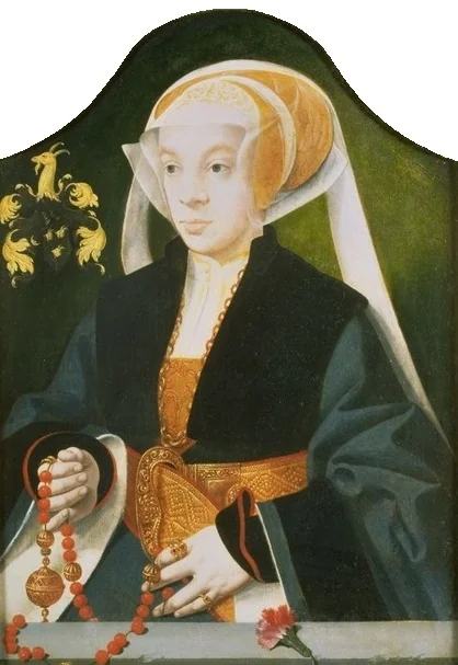 Bildnis einer Frau mit Rosenkranz und Nelke, detail
