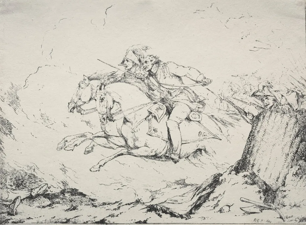 Specimens of Polyautography:  Cavalry Charge, by Robert Kerr Porter, 1803