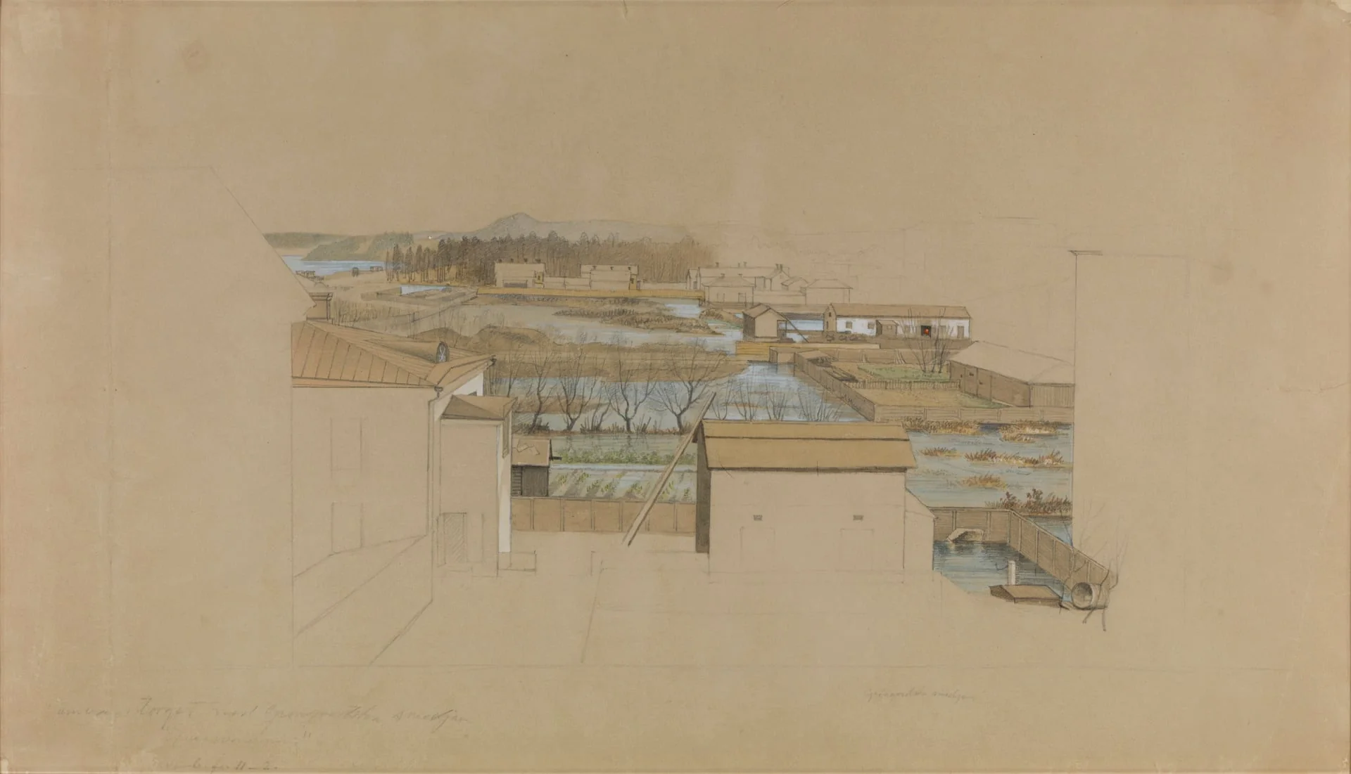 Kluuvinlahti tulvii. Luonnos teoksen XXVII-90-1 kääntöpuolella., detail