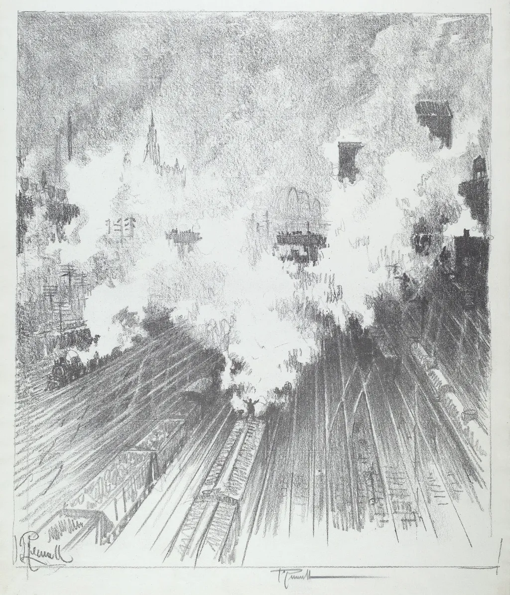 Train Yard, St. Louis, by Joseph Pennell, ink, 1919