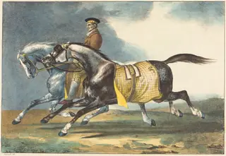 Two Dapple-Gray Horses Exercising (Deux chevaux gris pommele que l'on promene), by Léon Cogniet, ink, 1822