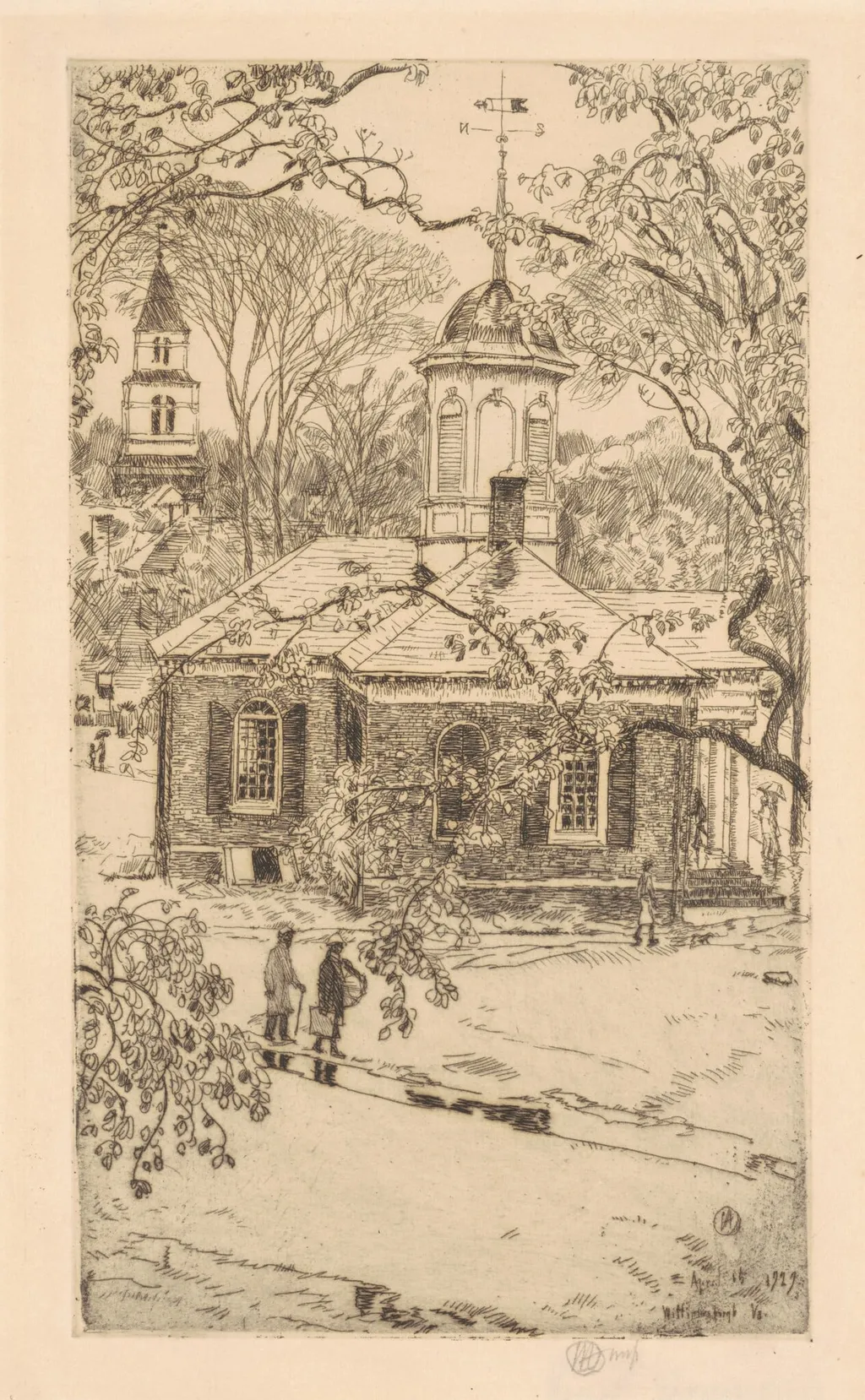 Rainy Day, Williamsburg, Virginia, by Childe Hassam, ink, 1927