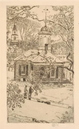 Rainy Day, Williamsburg, Virginia, by Childe Hassam, ink, 1927