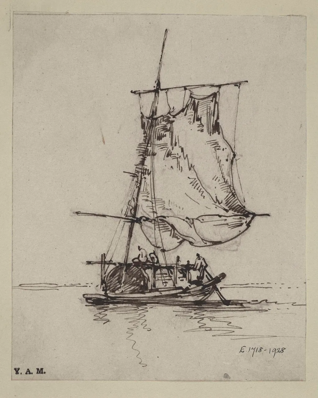 A drawing by George Chinnery of a Tanka boat with a large sail or net raised, by George Chinnery, 19