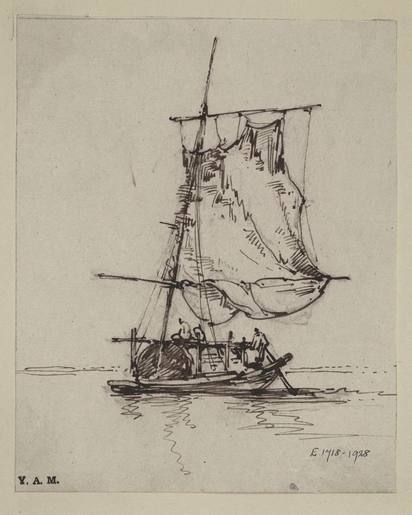 A drawing by George Chinnery of a Tanka boat with a large sail or net raised, detail