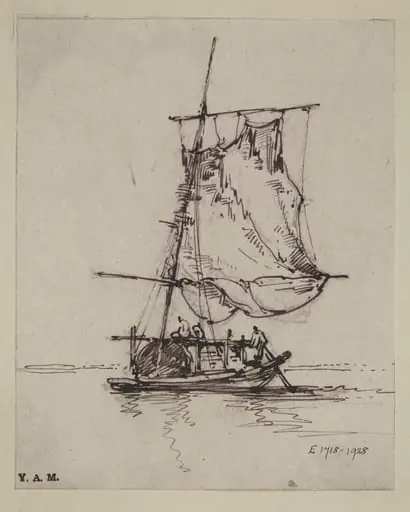 A drawing by George Chinnery of a Tanka boat with a large sail or net raised, by George Chinnery, 19