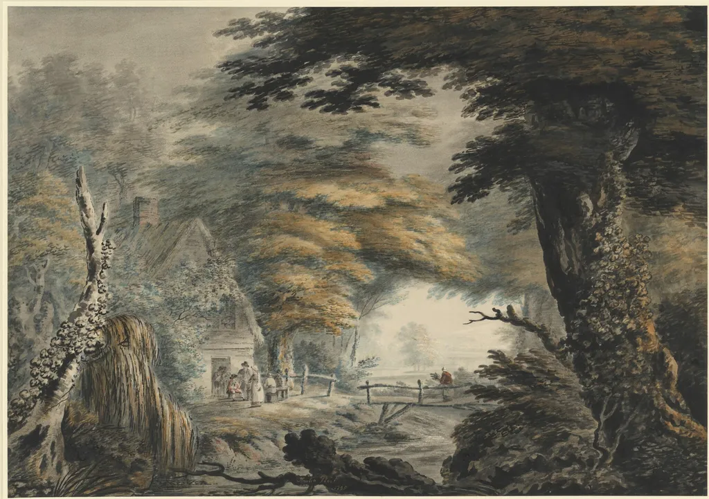 Wooded Landscape with Figures outside a Cottage, by Amelia Noel, watercolor, 1795